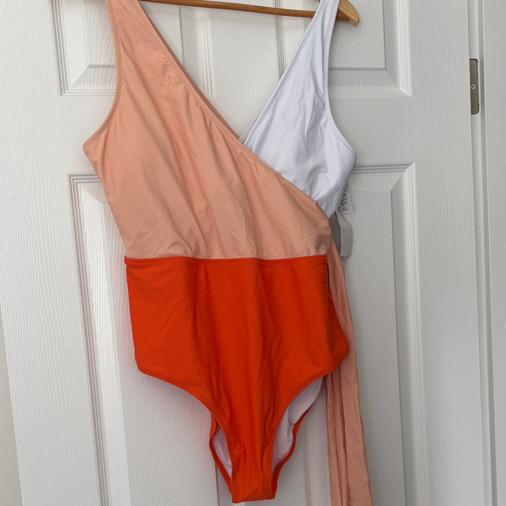 NWT- One-Piece Swimsuit in Peach, White & Bright Orange